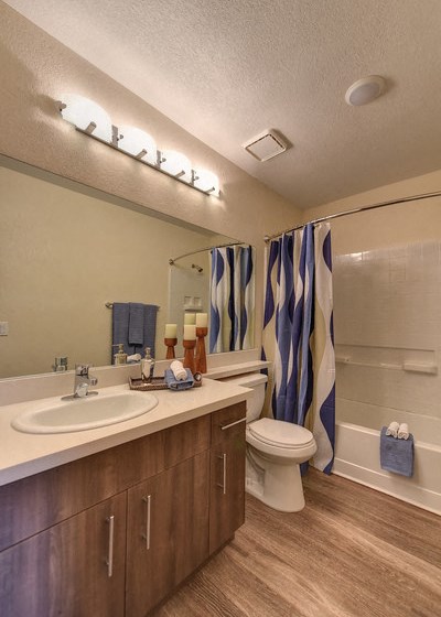 Bathroom with Vanity, Hardwood Inspired Floor, Toilet, Bathtub and Blue/White Shower Curtains